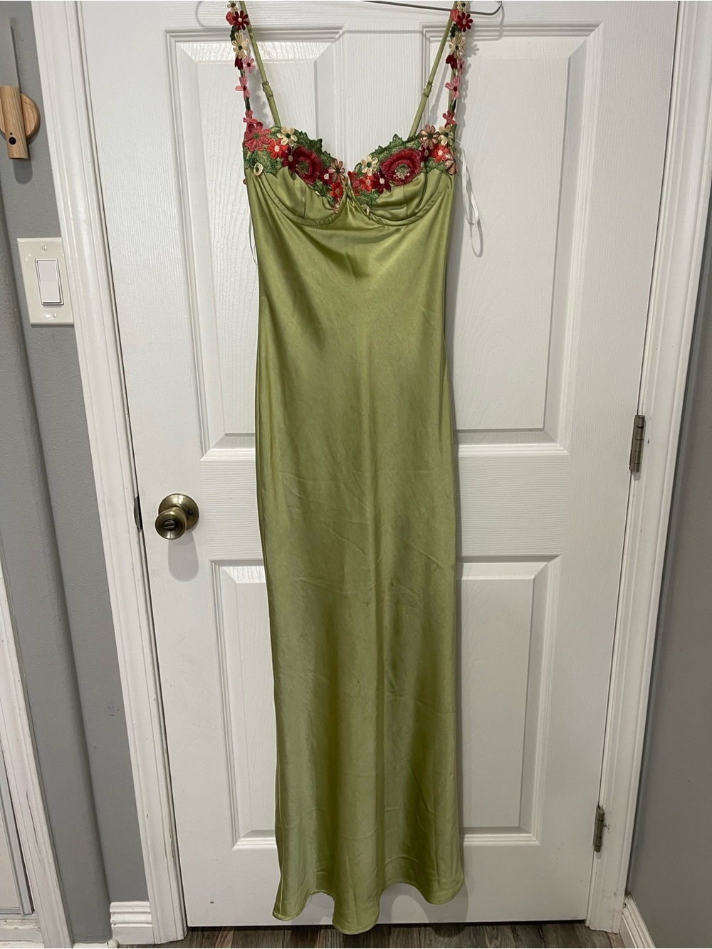 Princess Polly Olive Satin Maxi Dress with Floral Embroidered Bust - Picture 1 of 4